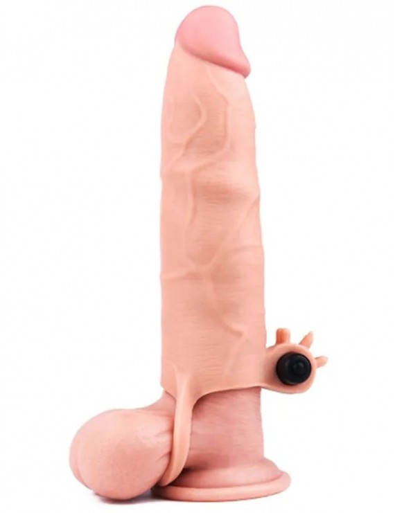 Et Dokusunda 7.5 cm Uzatmalı Titreşimli Penis Kılıfı 20 cm